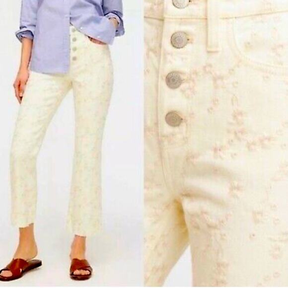 J. Crew Eyelet Billie Demi-Boot Crop Jean, High Rise, Cream Embroidery, 34” - Picture 1 of 9